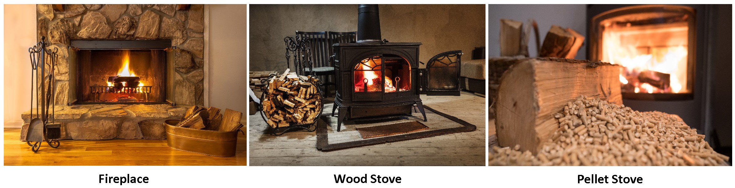 Photos of a fireplace, wood stove, and pellet stove, from left to right.